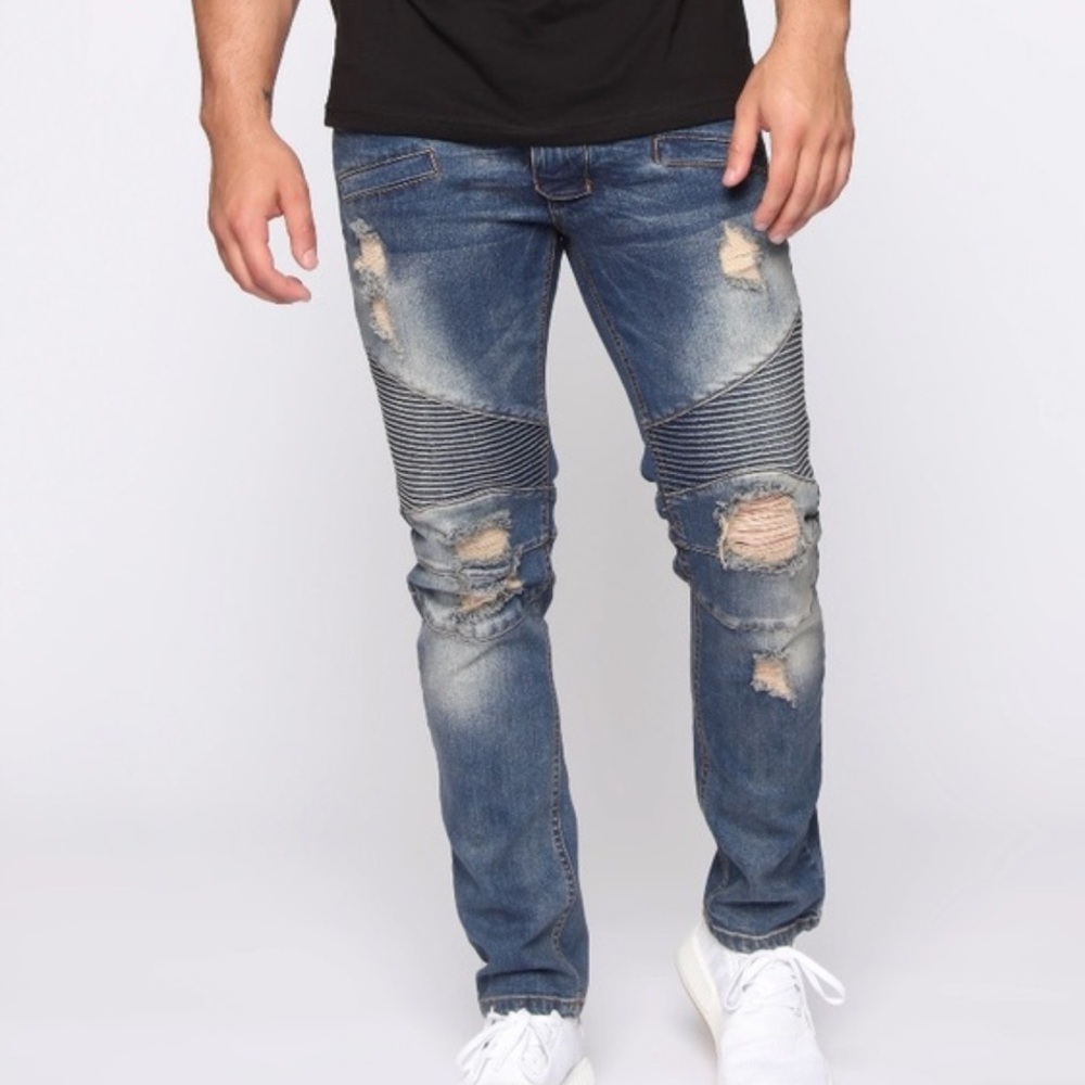 KDNK Destroyed Moto Denim Jeans (Vintage Dark Blue) Size 32